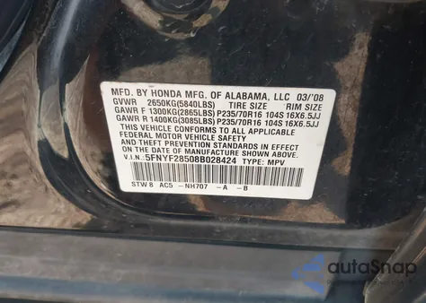 2008 Honda Pilot Ex-L from USA, damaged, VIN 5FNYF28508B028424